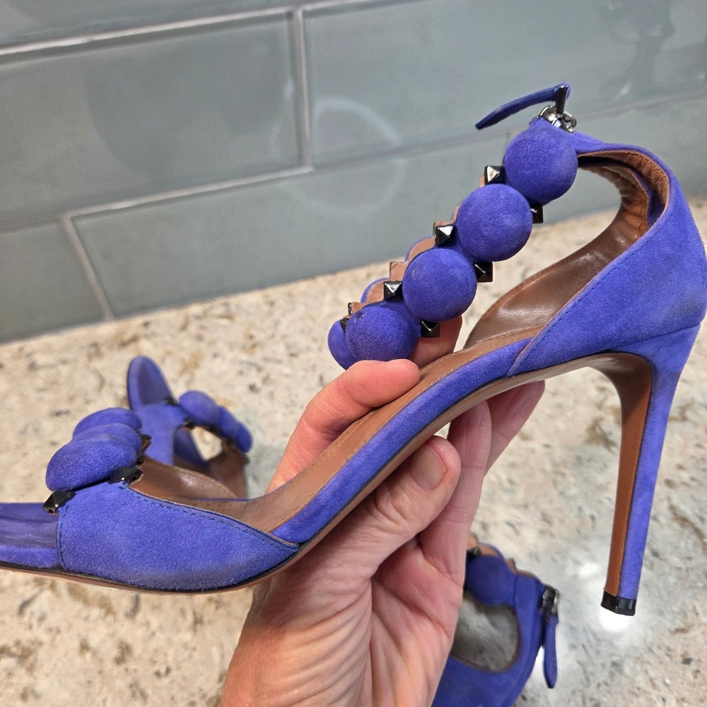 Alaia Bombe Purple Suede Studded Ankle Strap Sandals Heels 39.5 Made in Italy - Picture 12 of 16
